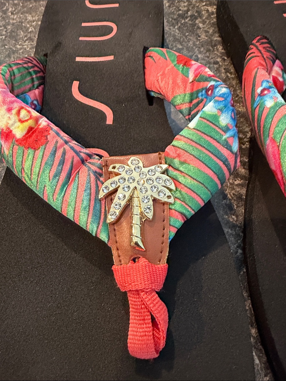 Unisa Black Flip Flops with Tropical Pink & Green Straps - Picture 2 of 5